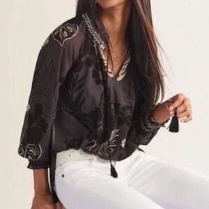 Cabi Aloha Peasant Blouse Tropical Leaf & Flower Print Grey Sheer Flowy Top S
